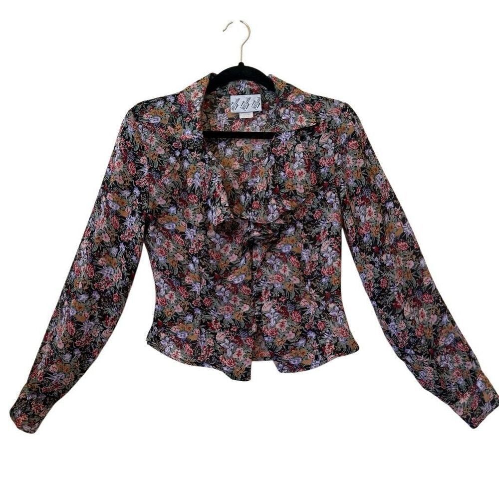 Vintage Try 1 Black Floral Ruffled Cropped Blouse Sz S Y2K, Feminine - Picture 1 of 12